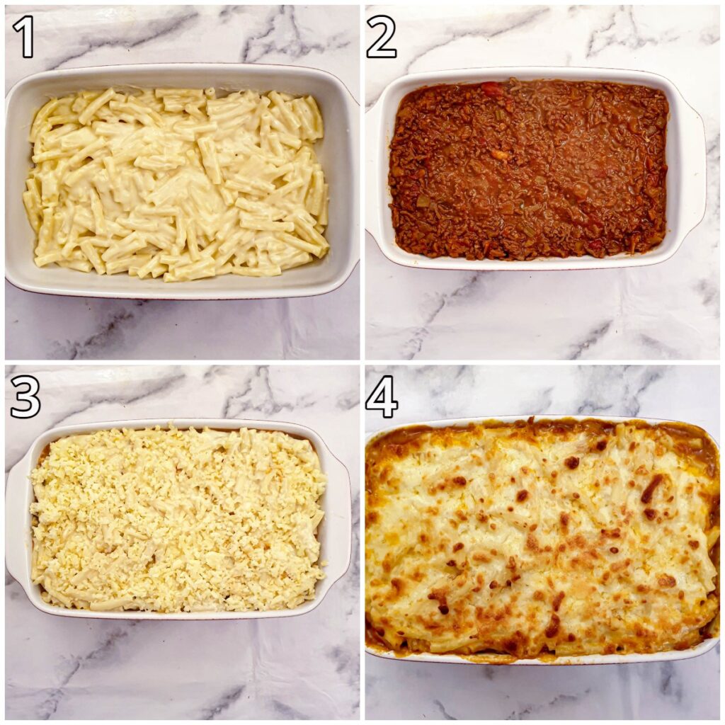 Steps for assembling the lasagne.