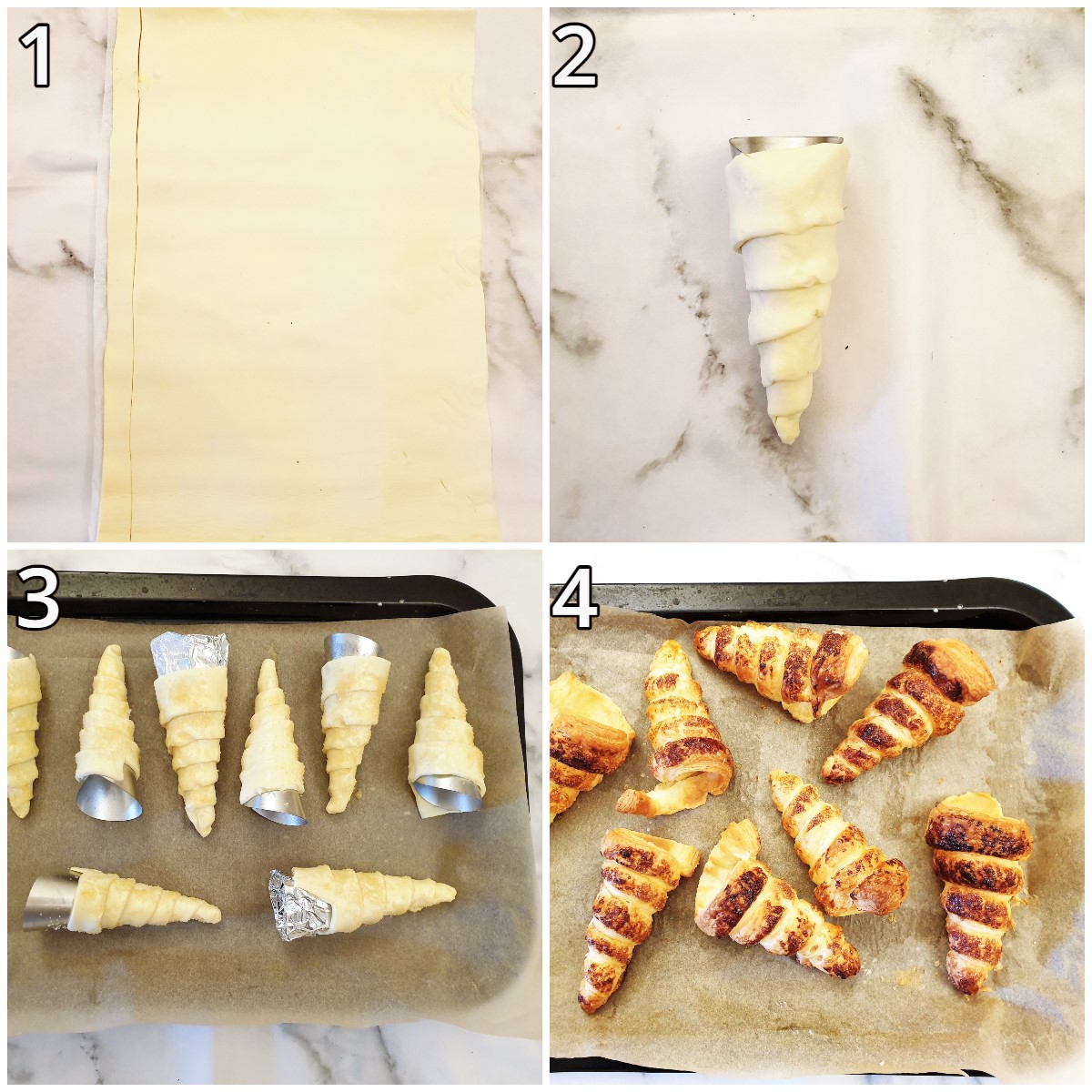 Steps for forming the puff pastry horns.