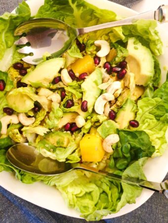 Closeup of a bowl of mango and avocado salad.