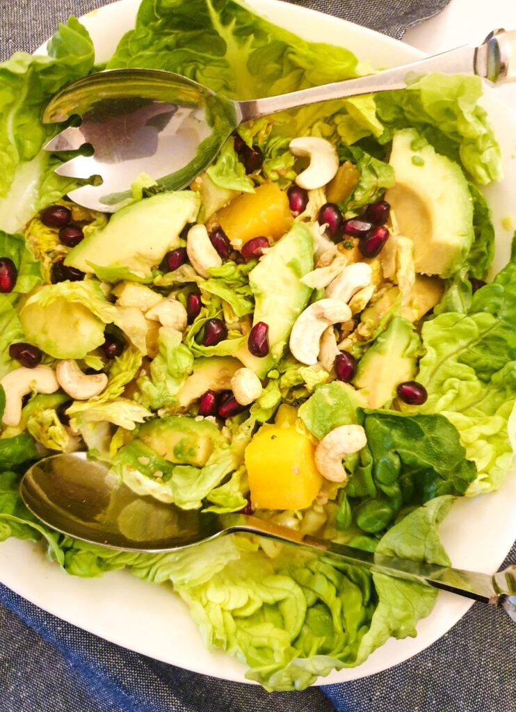 Closeup of a bowl of mango and avocado salad.