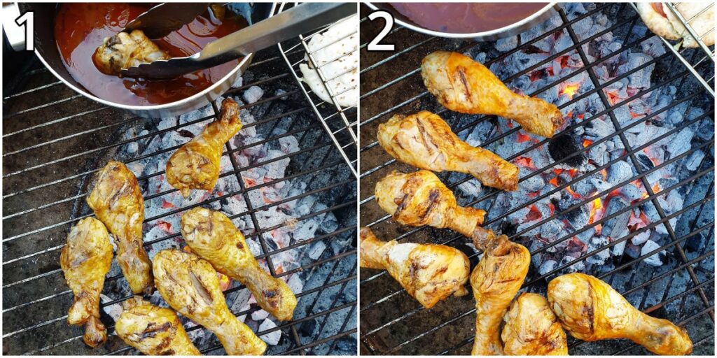 Steps for barbequing the chicken pieces.