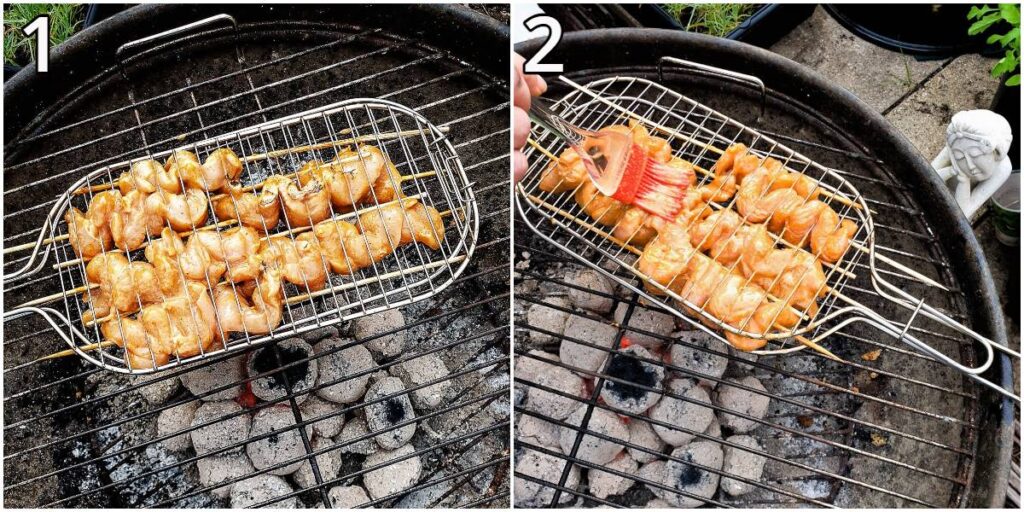 Steps for cooking the chicken skewers on a barbeque.