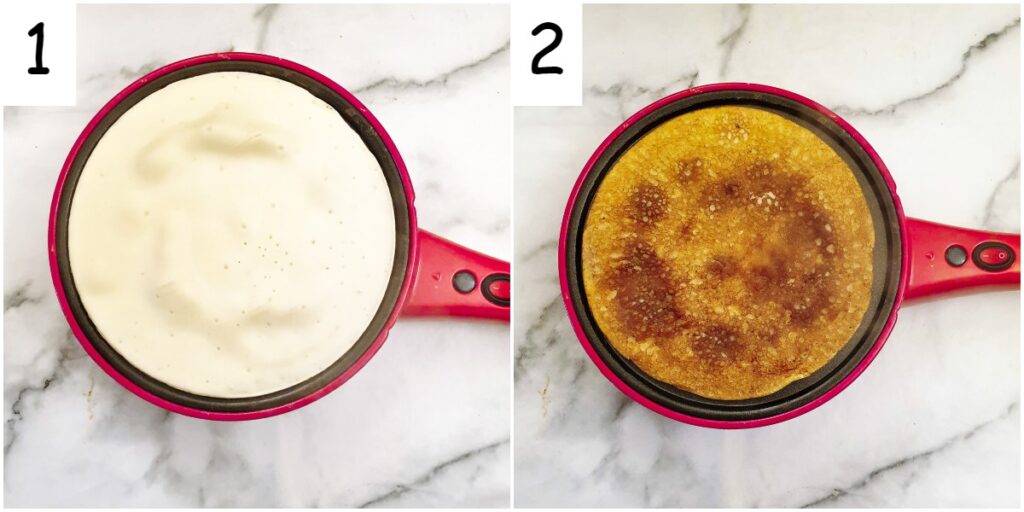 Steps for frying the pancakes in a crepe maker.