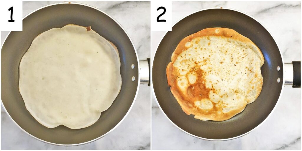 Steps for frying the pancakes in a frying pan.