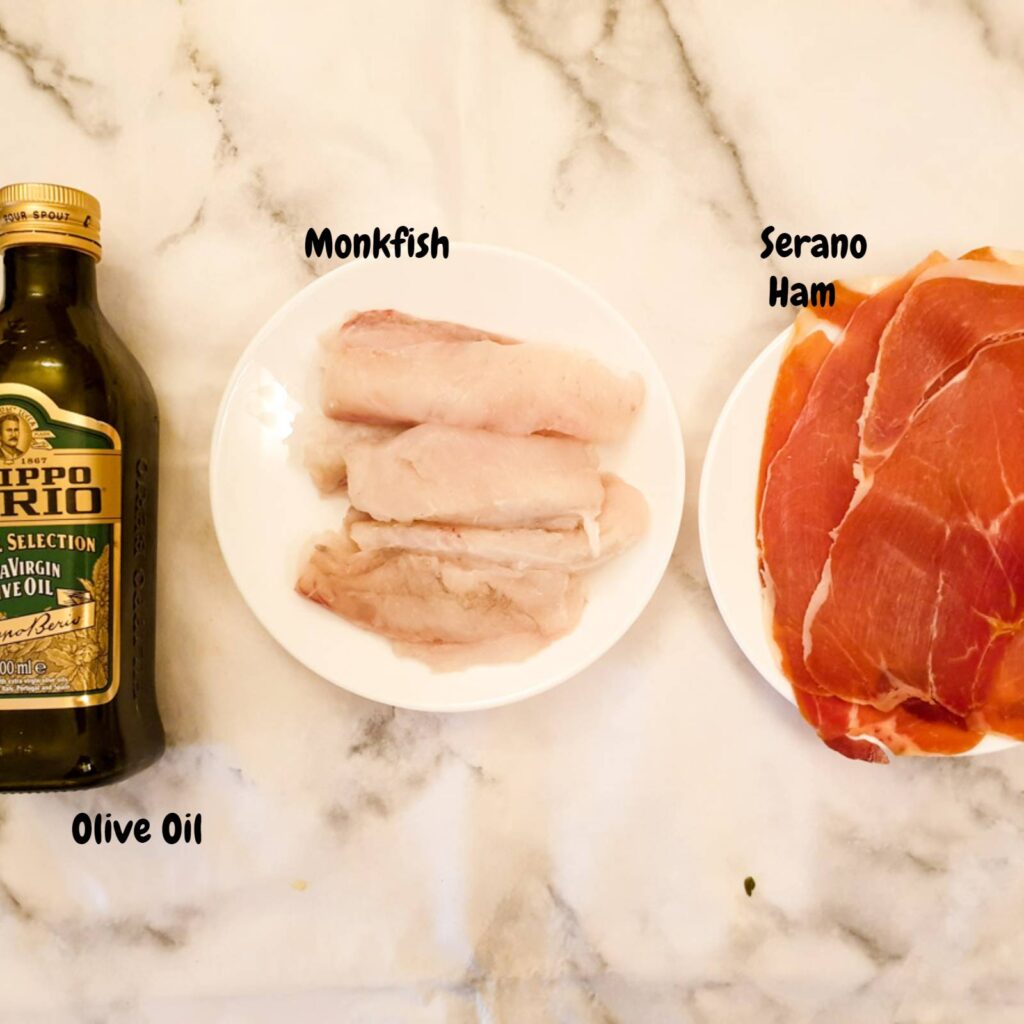 Ingredients for monkfish wrapped in serrano ham.