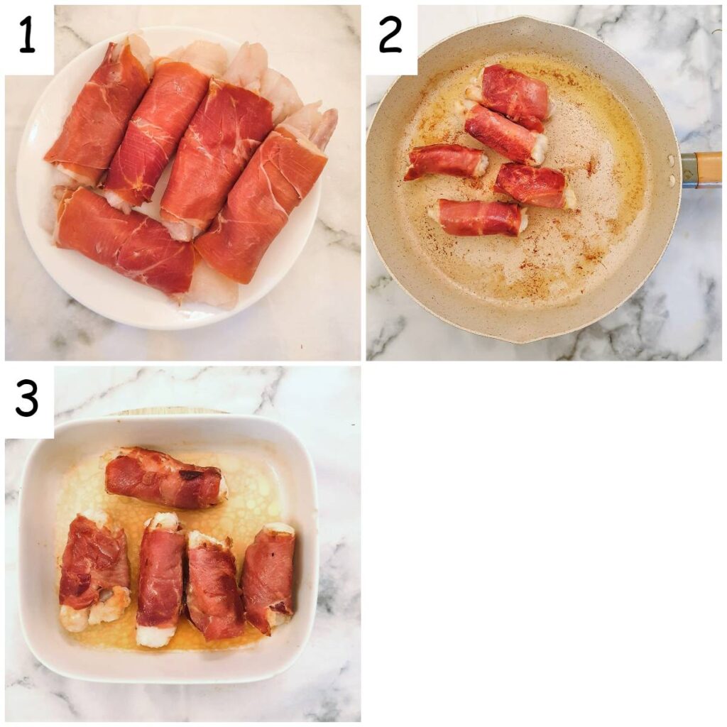 Steps for frying the lobster wrapped in Serrano ham.