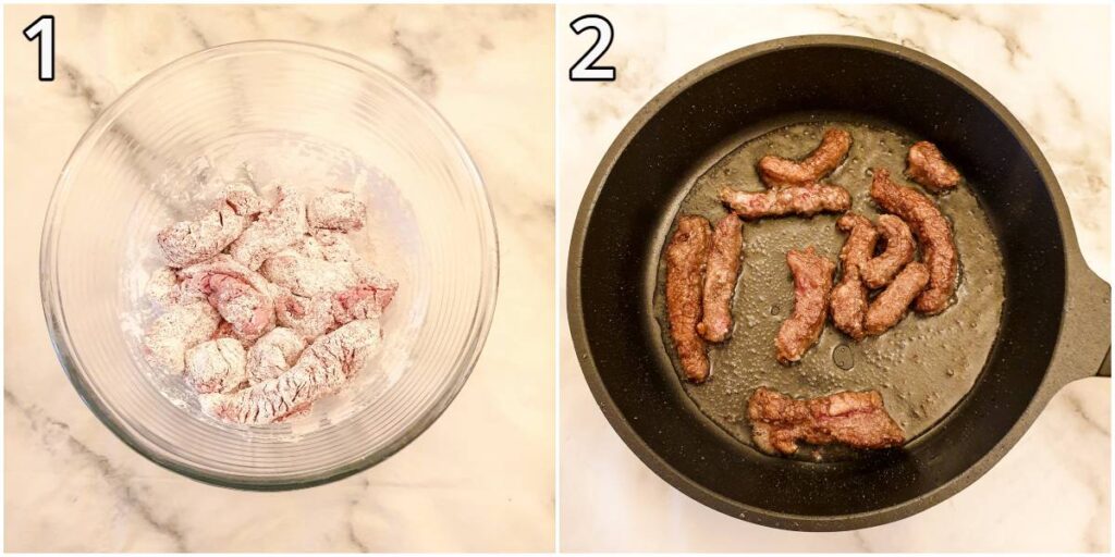 Steps for coating and frying the steak.