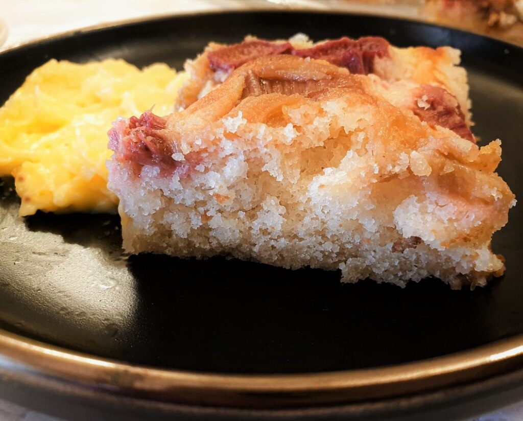 Showing the texture of rhubarb cake.
