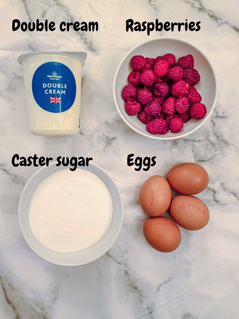 Ingredients for raspberry ripple ice cream.