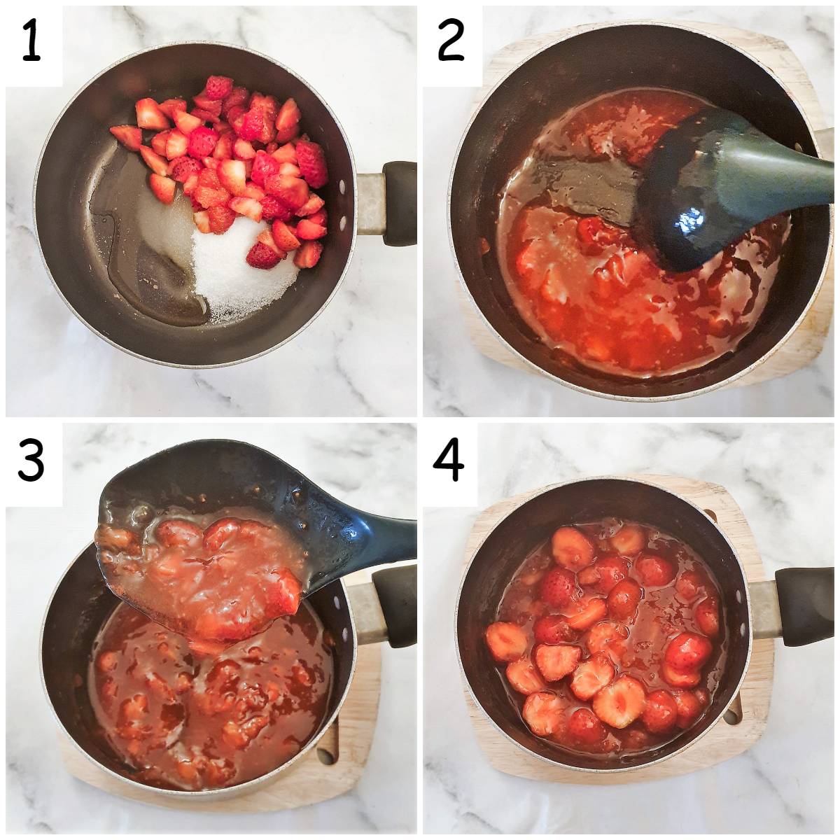 Steps for making the strawberry topping.
