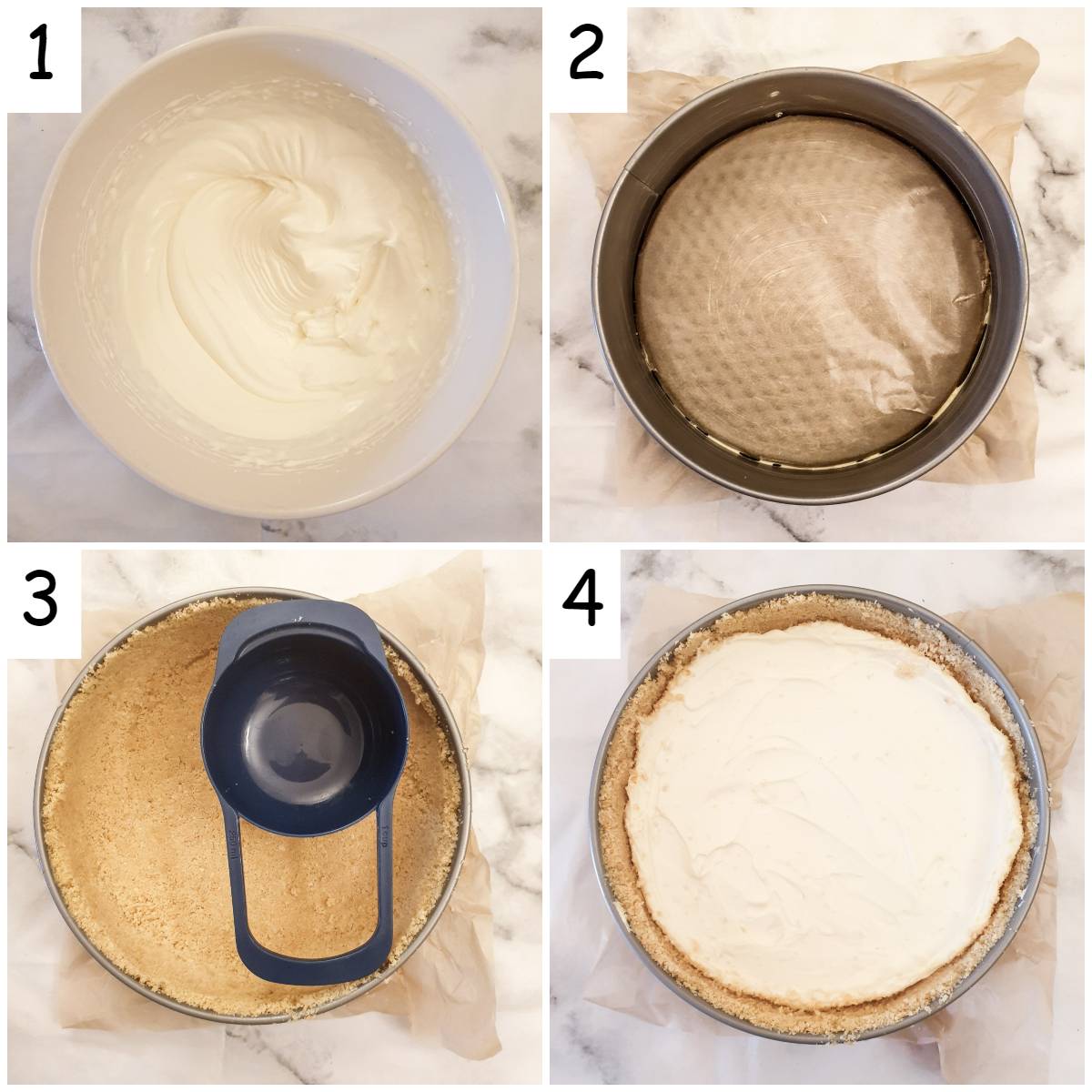 Steps for assembling the cheesecake.