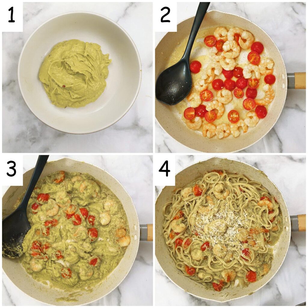 Steps for making avocado and shrimp linguine.