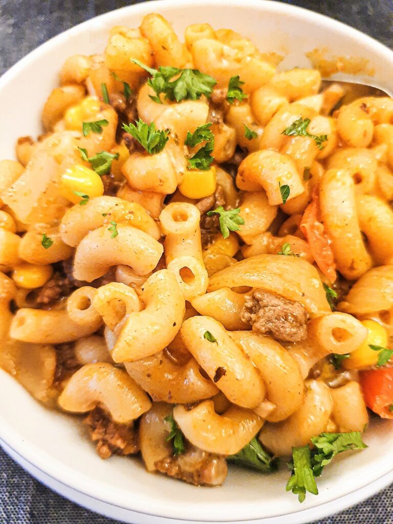 Closeup of a dish of American goulash.