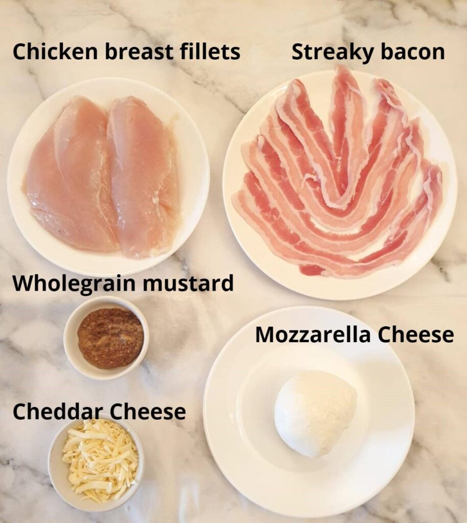 Ingredients for cheesy bacon-wrapped chicken parcels.