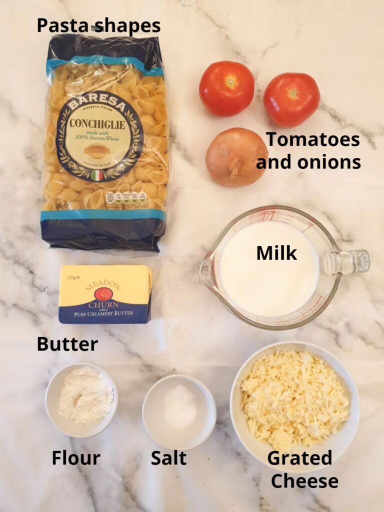 Ingredients for cheesy barbeque pasta salad.