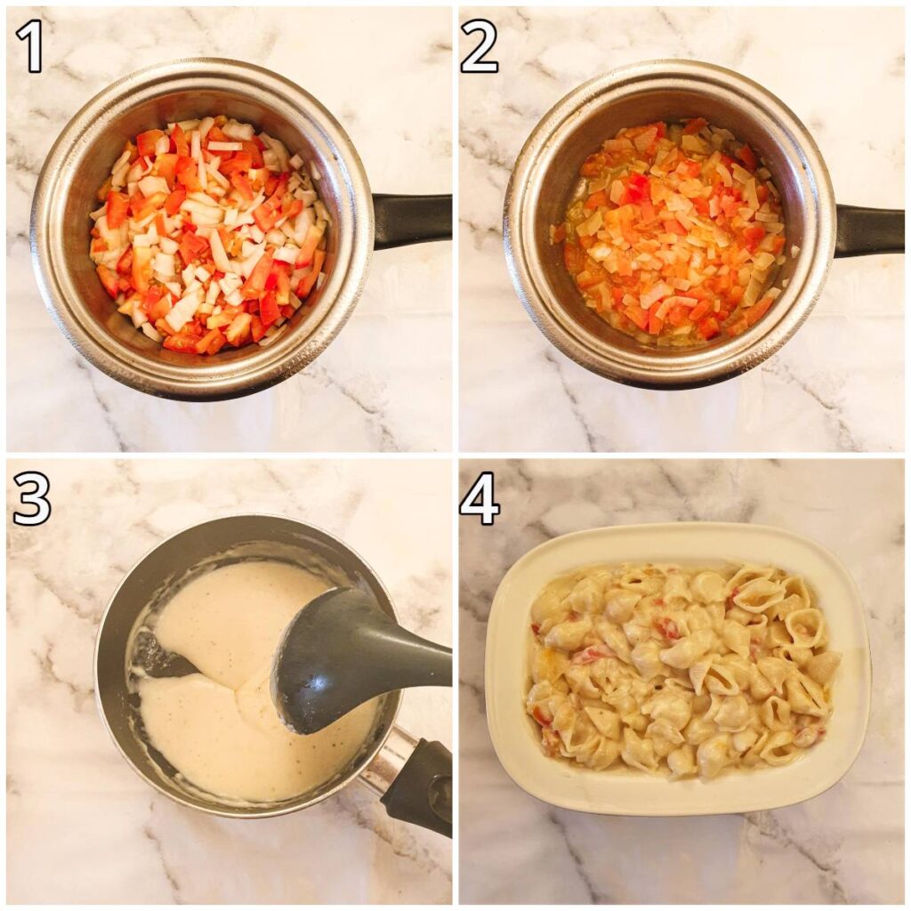 Steps for making cheesy barbeque pasta salad.