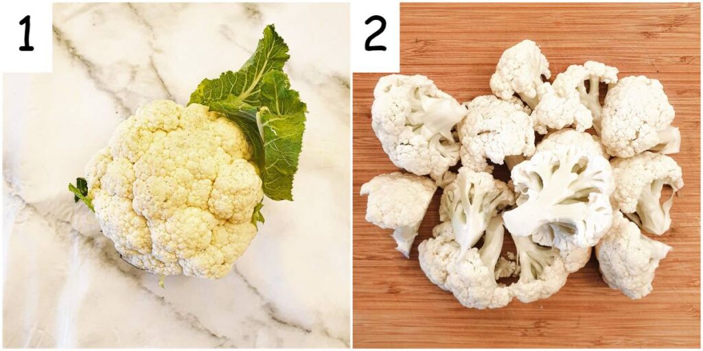Two images showing a cauliflower, and cauliflower florets.