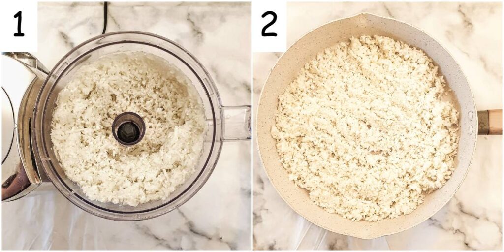 Grated cauliflower in a food processor, and the same grated cauliflower in a frying pan.