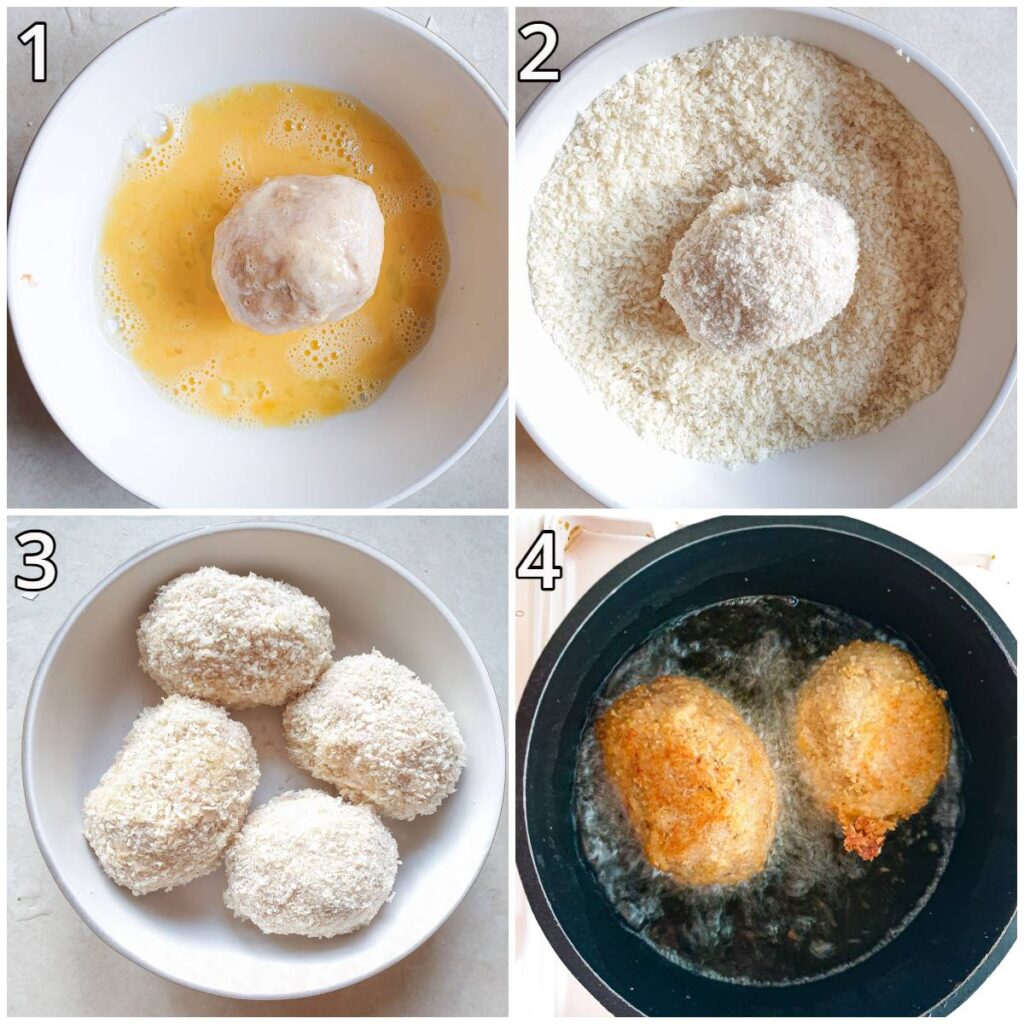 Steps for coating the scotch eggs in breadcrumbs.