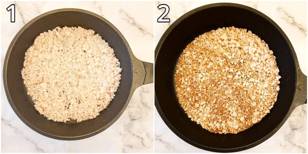 Breadcrumbs being toasted in a frying pan.