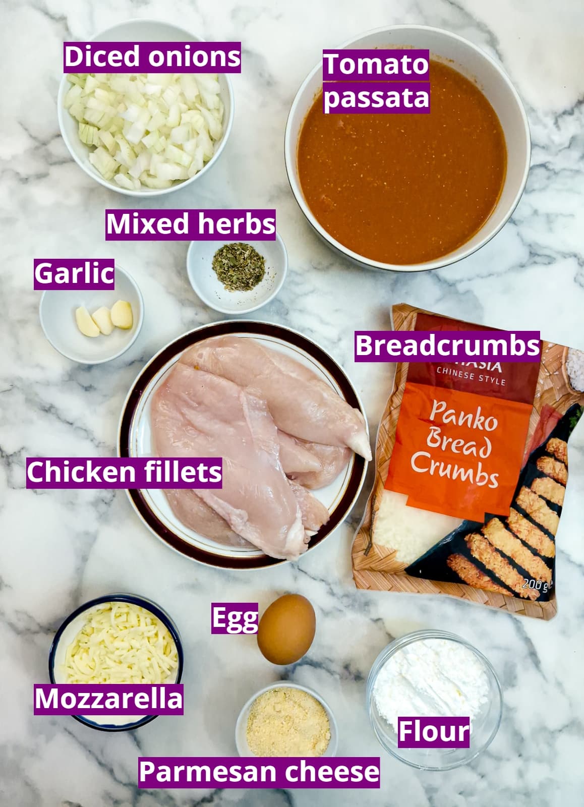 Ingredients for making chicken parmesan and marinara sauce.