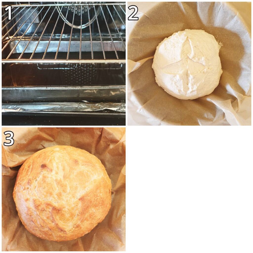 Steps for baking the homemade bread without a dutch oven.