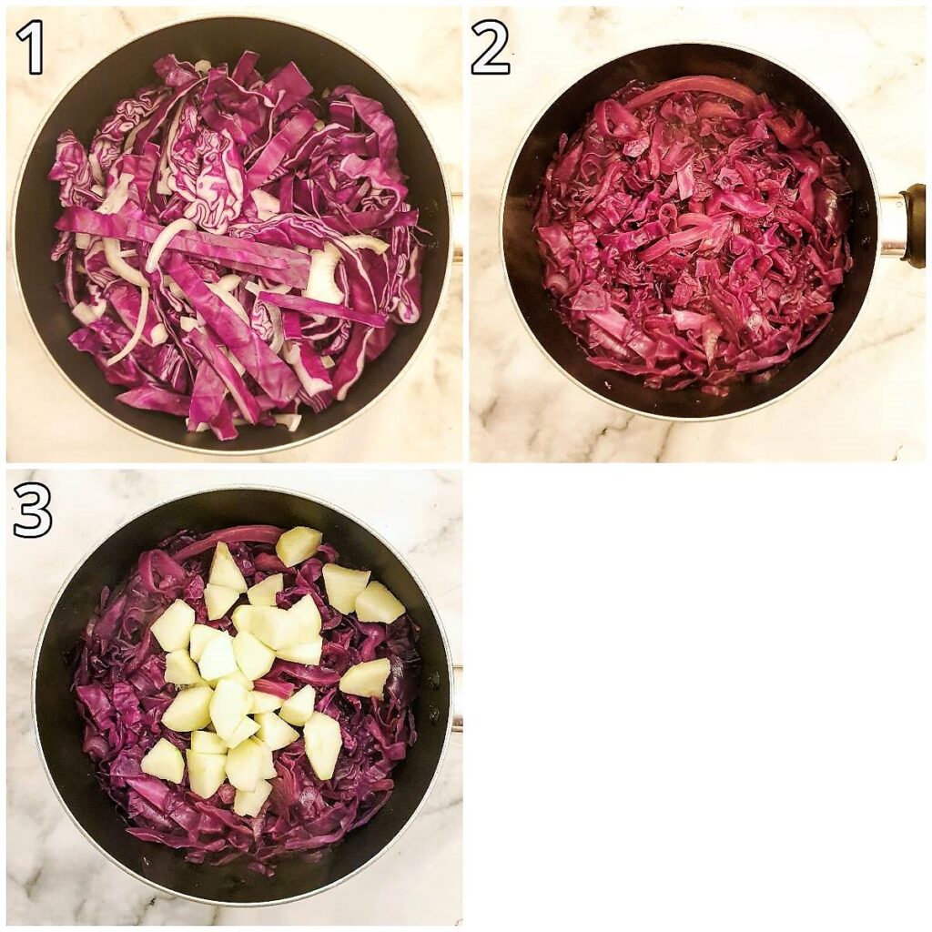 Steps for making spicy braised red cabbage.