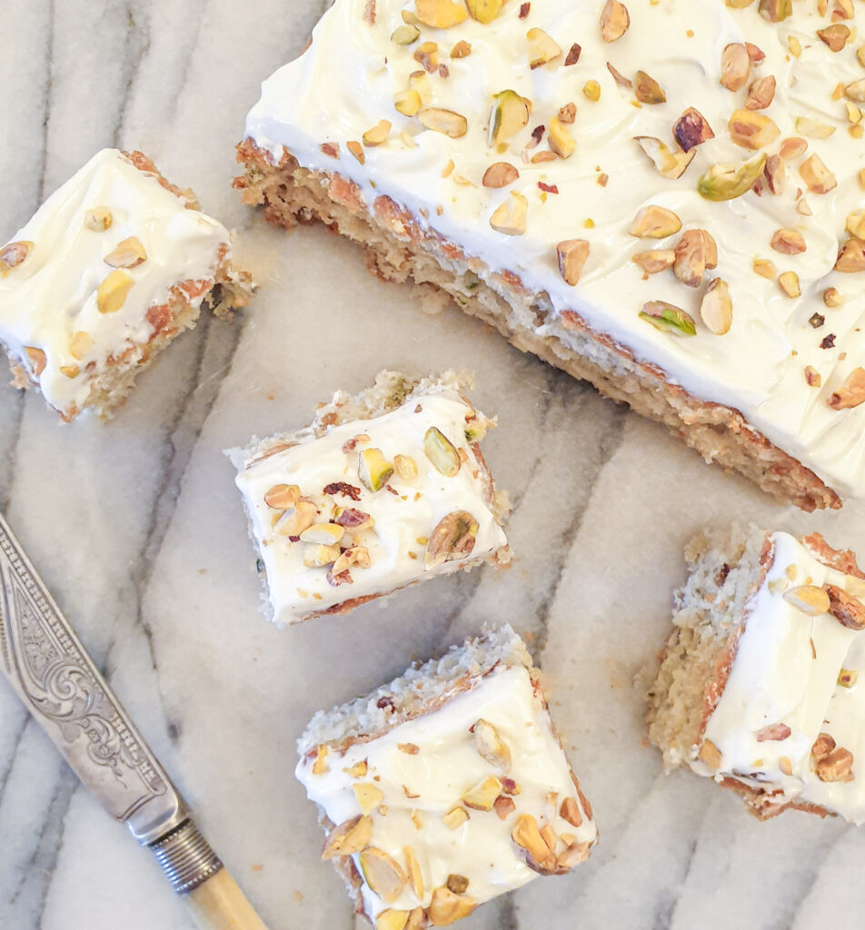 Overhead shot of zucchini and pistachio cake.