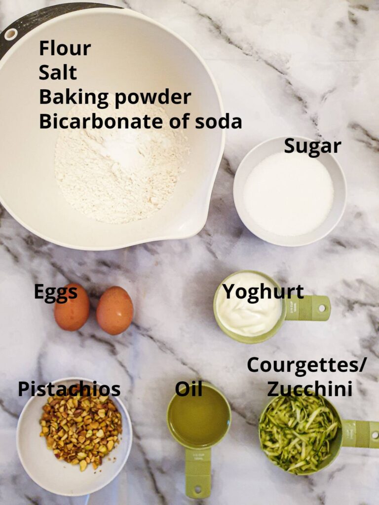 Ingredients for zucchini pistachio cake