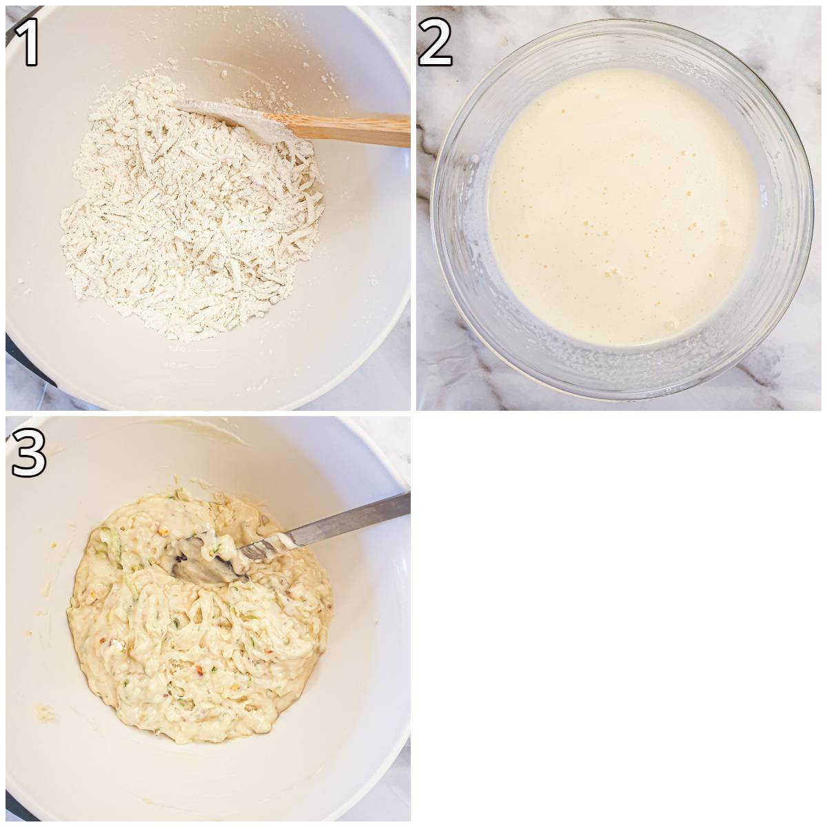 Steps for mixing the zucchini and pistachio cake