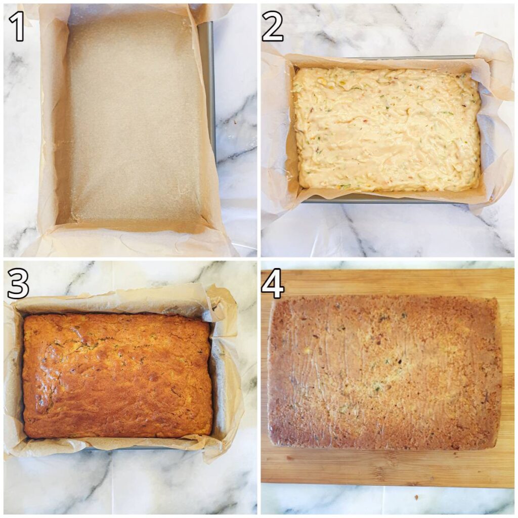 Steps for lining the baking dish and baking the cake.