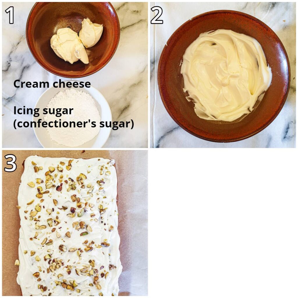 Steps for frosting the cake.