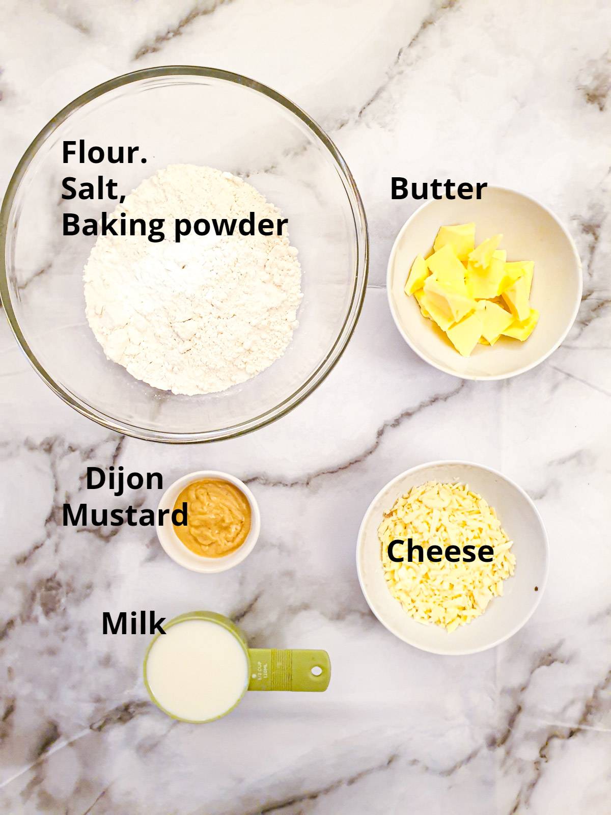 Ingredients for the cheesy scone topping for the beef cobbler.