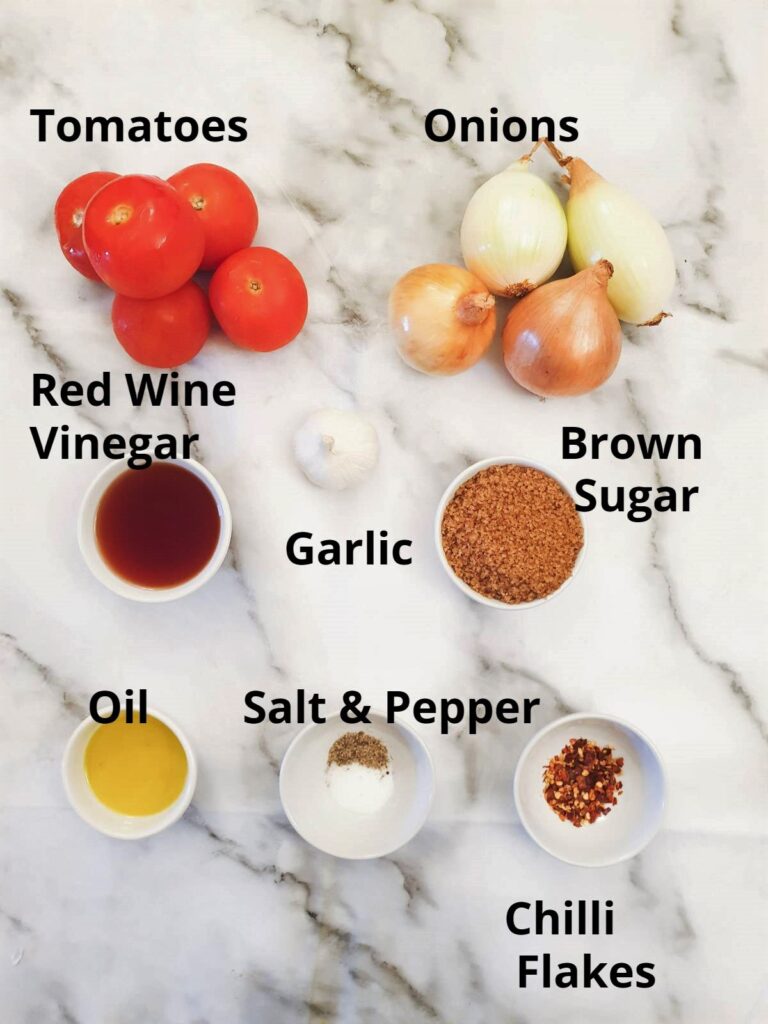 Ingredients for making chilli tomato and onion sauce.