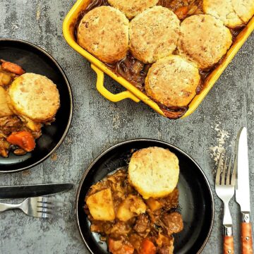 Overhead shot of beef cobbler.