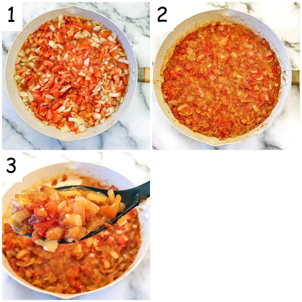 Steps for making chilli tomato sauce.