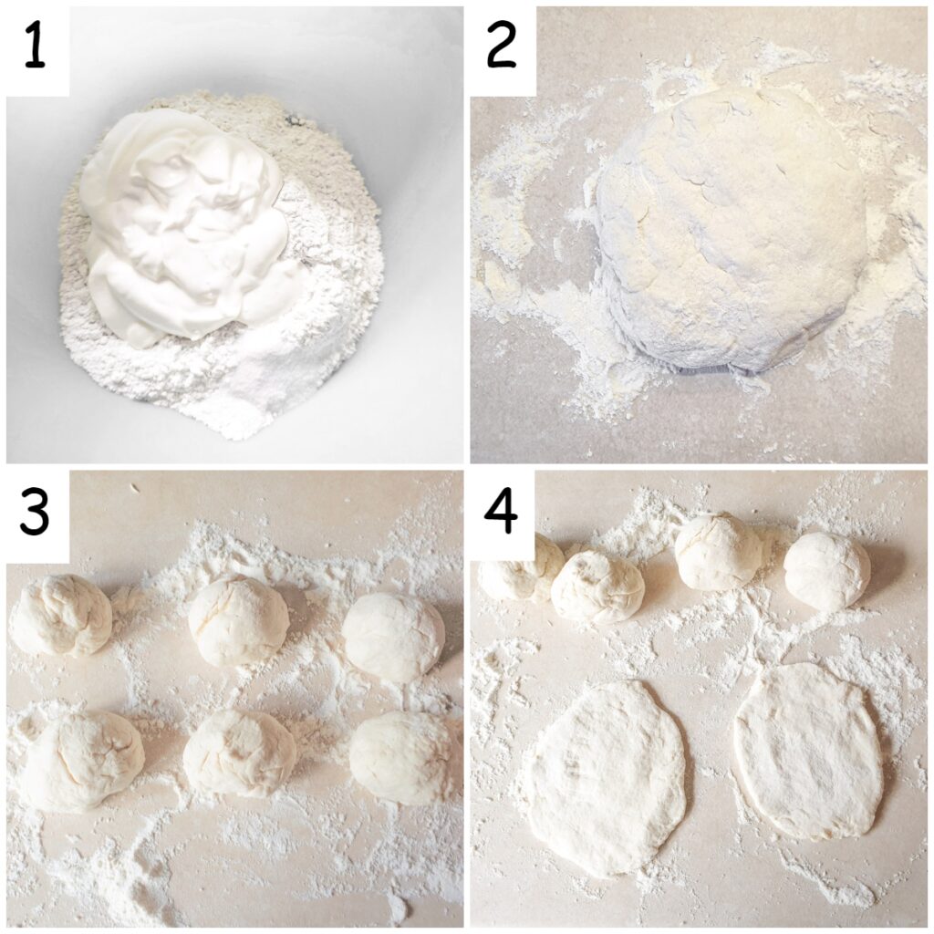 Four images showing steps for mixing and shaping easy vetkoek.
