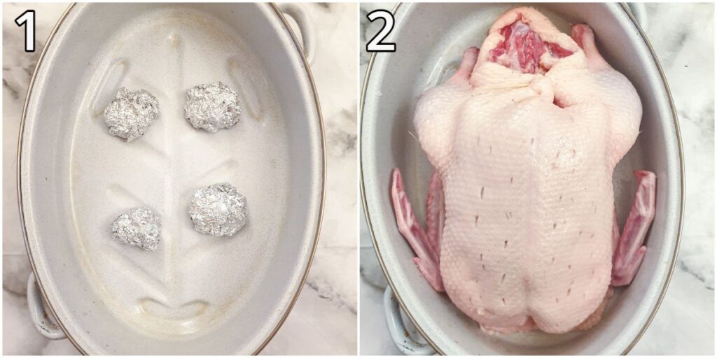 A baking dish with balls of aluminium foil for resting the duck on as it cooks.