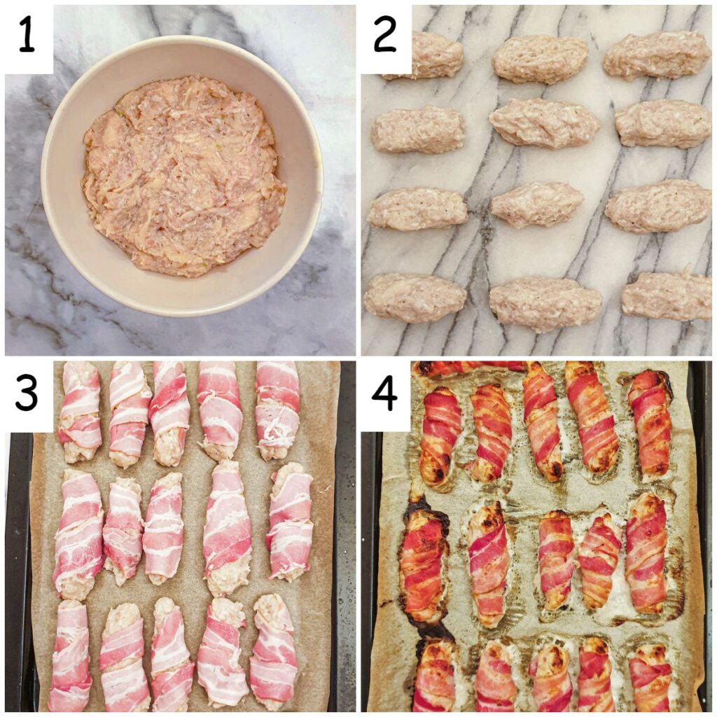 Steps for making pork and apple pigs in blankets.