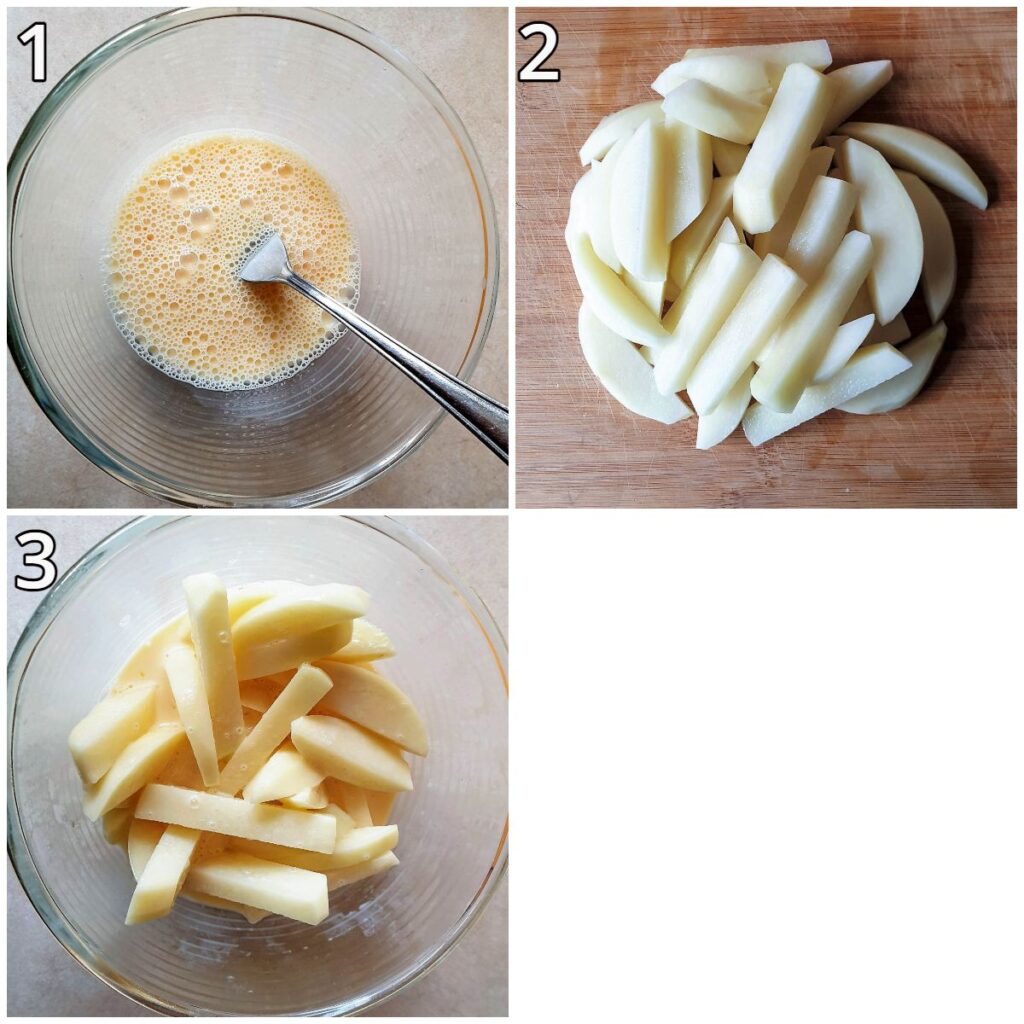 Collage showing steps for mixing batter and cutting the French fries.