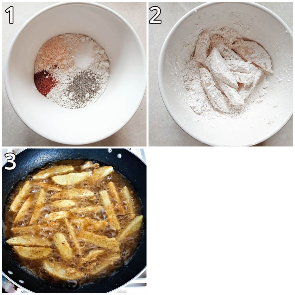Collage showing steps for coating and frying french fries.