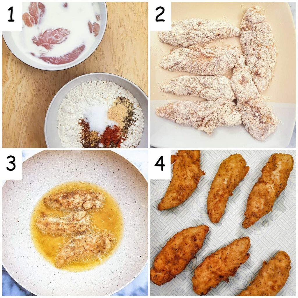 Steps for making fried chicken tenderloins.