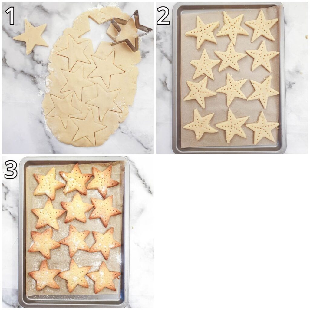 Steps for rolling and baking the shortbread stars.