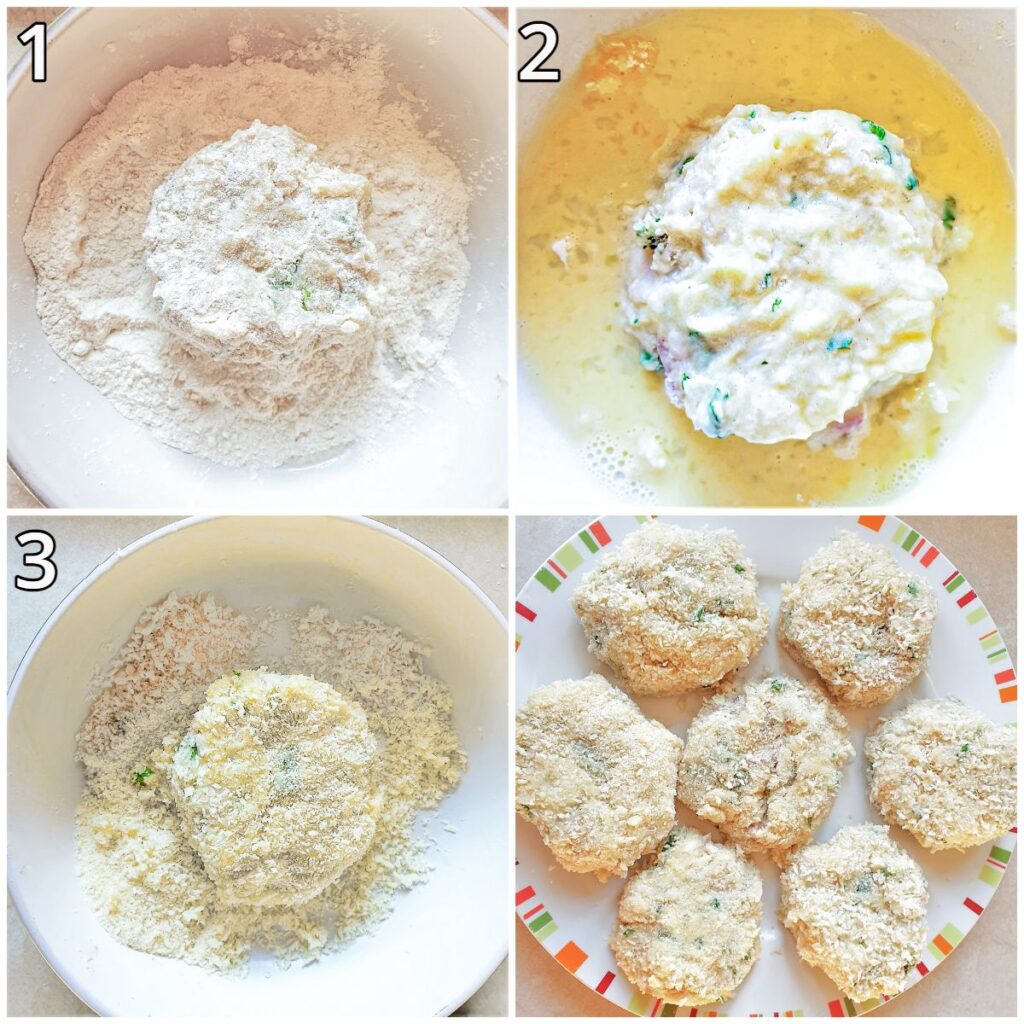 A collage of 4 images showing steps for coating the fishcakes.