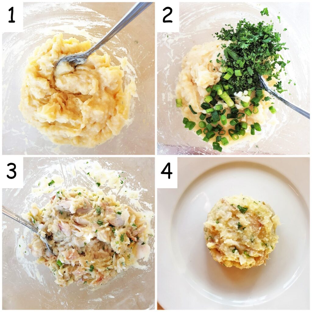 A collage of 4 images showing steps to mix and form the fishcakes.