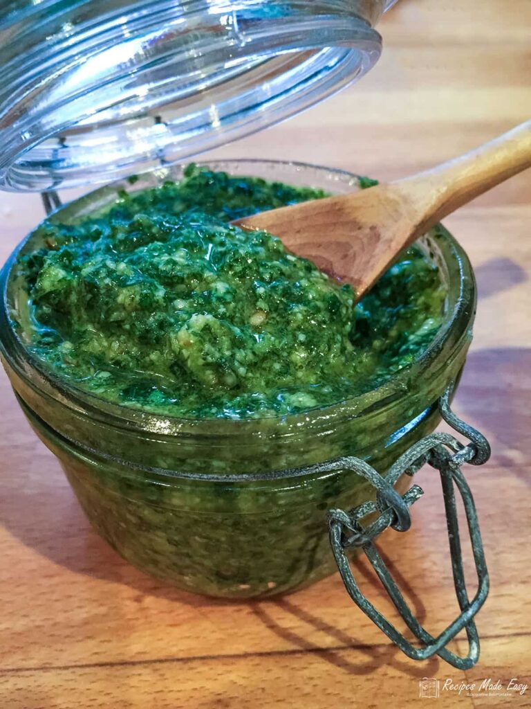 A jar of homemade pesto.