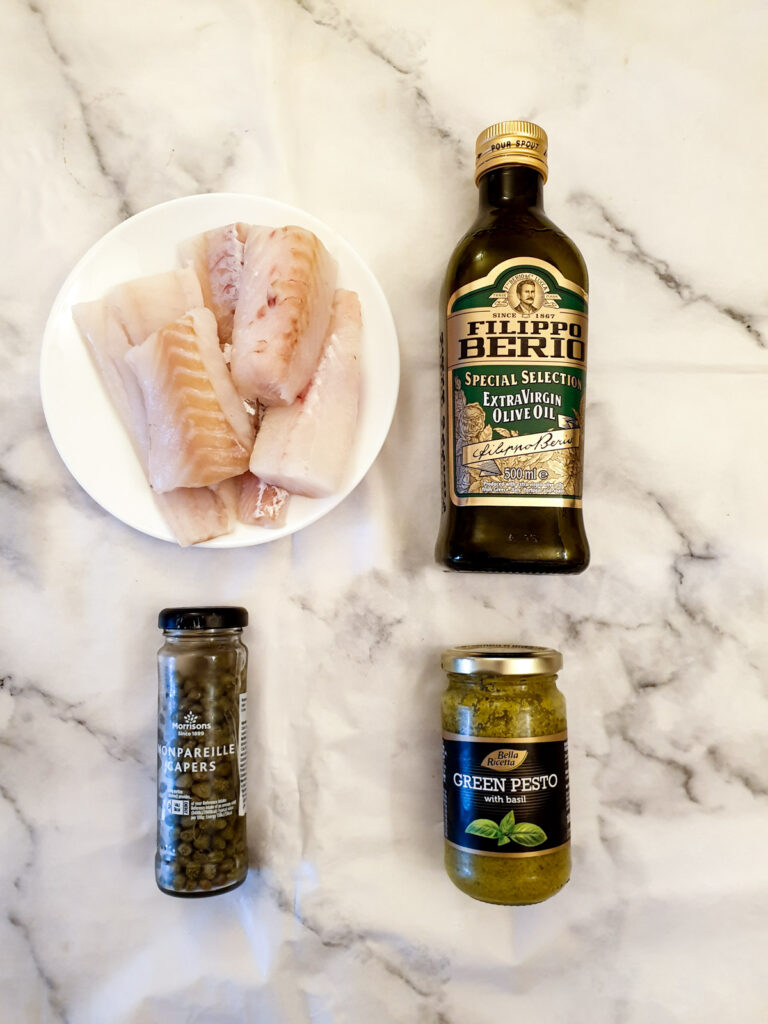 Ingredients for mediterranean oven-baked cod.