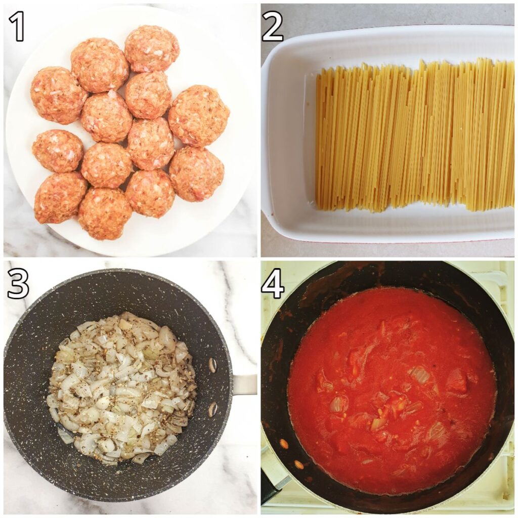 Steps for preparing the meatballs and making the sauce.