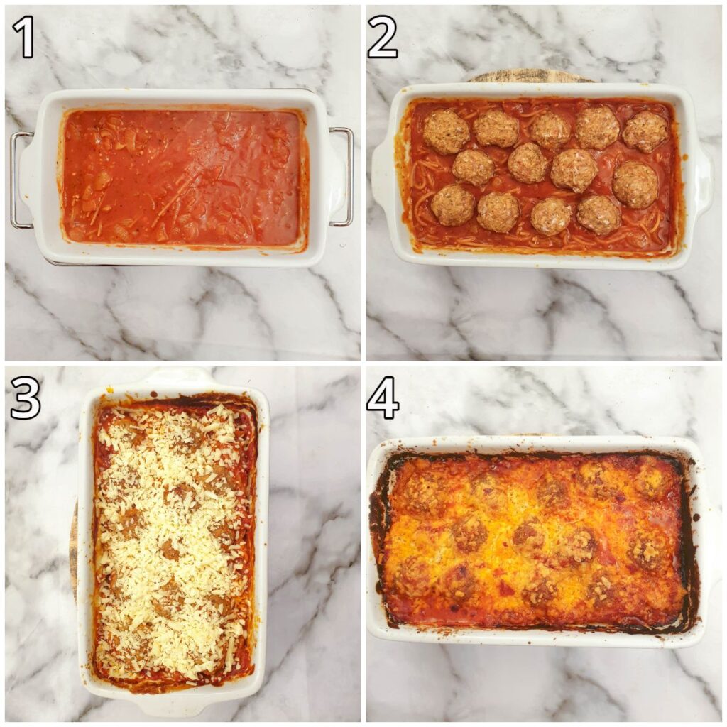 Steps for assembling the sauce and meatballs in the baking dish, and baking in the oven.