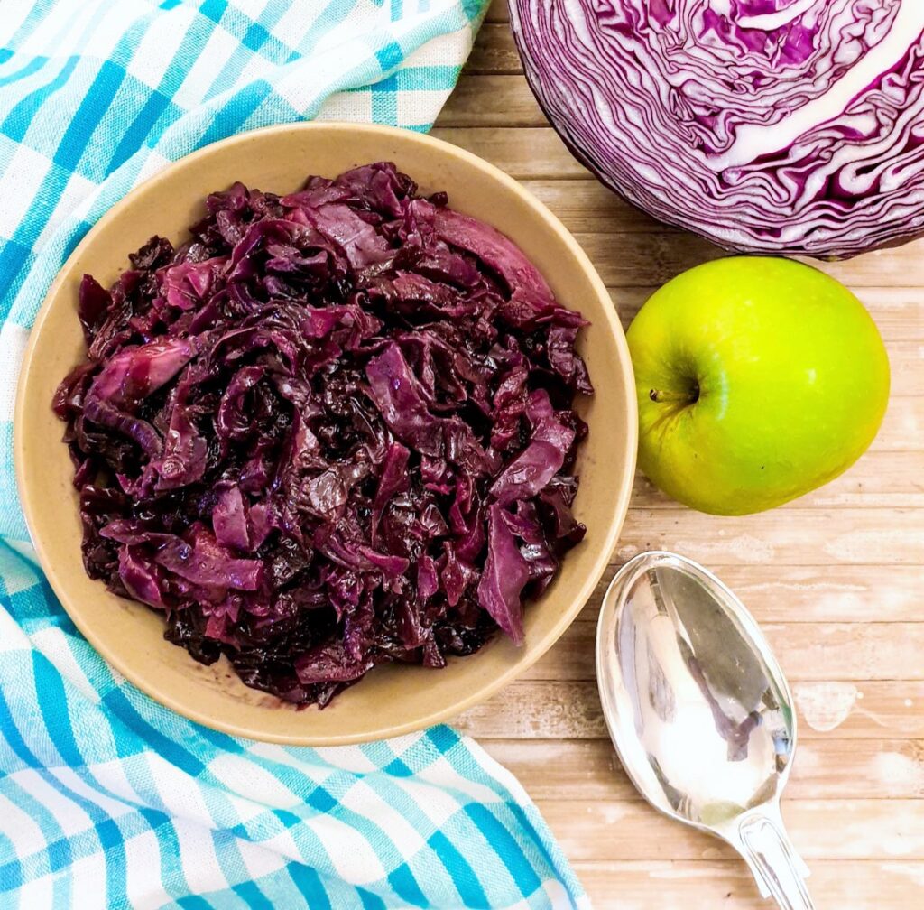 Close up of a dish of spicy braised red cabbage